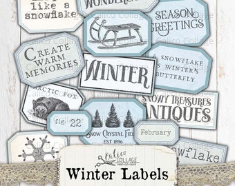 Small Winter Ephemera Labels, Printable Vintage Tags, Junk Journal Supplies, Scrapbooking, Digital Holiday Journal Papers, CalicoCollage
