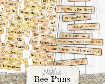 Bee Puns Printable Words, Junk Journal Bee Ephemera, Collage Sheet, Journal Supplies, Mixed Media, Bee Junk Journal, Funny Words