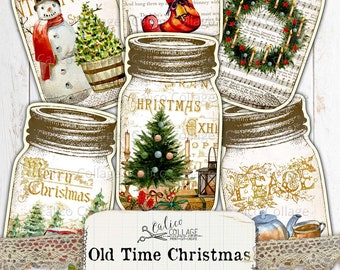 Christmas Mason Jar tags, Junk Journal Ephemera Pack, Printable Journal Supplies, Vintage Holiday Ephemera,Digital Paper, Old Time Christmas