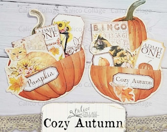 Printable Autumn Pumpkin Pockets, Junk Journal Supplies, Scrapbook Digital Paper, Autumn Ephemera, Cozy Autumn Cats, Vintage Loaded Pocket