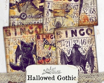 Puede incluir: Seis tarjetas de bingo de Halloween imprimibles con un tema gótico. Cada tarjeta presenta una imagen espeluznante diferente, incluyendo una bruja, un murciélago, un cuervo y un gato negro. Las tarjetas están decoradas con gráficos y texto de estilo vintage.