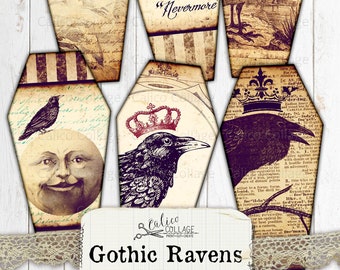 May include: Six printable coffin tags featuring gothic ravens, moons, and crowns. The tags are designed for Halloween and feature the quote "Quoth the Raven "Nevermore".