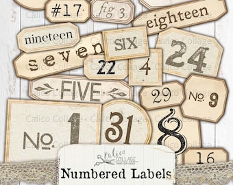 Printable Numbered Labels, Junk Journal Supplies, Vintage, Ephemera, Journal, Scrapbooking, Digital Paper, Grunge Labels, Calico Collage