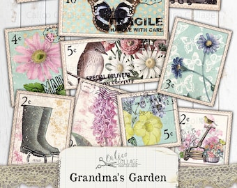 Faux Stamps Ephemera, Grandmas Garden Junk Journal Digital Download