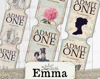 Op de afbeelding: Een set vintage-stijl printbare tickets met de tekst "Admit One" en een uniek ontwerp voor elk ticket. De tickets bevatten bloemenpatronen, vlinders en silhouetten. De tickets zijn gelabeld "Emma Ephemera Tickets".