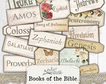 Printable Books of the Bible Labels, Junk Journal Supplies, Faith, Vintage, Ephemera, Journal, Scrapbooking, Digital Paper, Shabby Labels