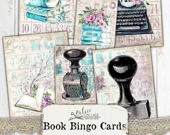 Printable Book Bingo Cards, Junk Journal Ephemera Pack, Scrapbook Digital Paper Prints, Vintage Books, Journal Supplies, Vintage Tags, AGB21