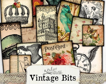 Wydrukowane cyfrowe arkusze kolażu, pakiet ulotek Junk Journal, ulotne zabytkowe, Calico Collage Vintage Bits