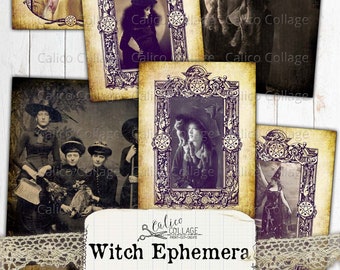 Witch Ephemera Printable Junk Journal Ephemera Cards, Journal Supplies, Digital Ephemera Pack, Halloween Ephemera, CalicoCollage, Digital