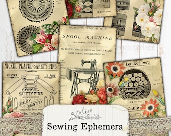 Pode incluir: Efêmera de costura vintage com imagens de carretéis de linha, estojos para agulhas, alfinetes de segurança, uma máquina de carretéis e uma cesta de carretéis. As imagens são cercadas por ilustrações florais e texto que diz "Flossie Embroidery", "Ivy Embroidery", "Consol Safety Pins", "Spool Machine", "Basket Set" e "Calico Collage".