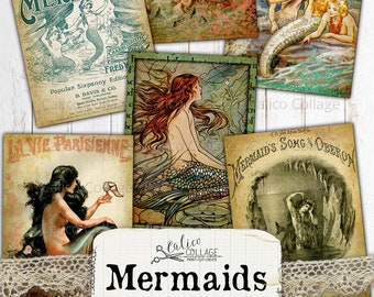 Printable Mermaid Ephemera, Junk Journal Supplies, Bullet Journal Stationary, Ephemera Cards, Beach, Nautical, Summer, Ocean, CalicoCollage