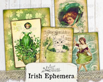 Irish Ephemera Cards, St Patricks Day Printable Junk Journal Ephemera Pack, Green Bullet Journal Digital Paper, Scrapbook Collage Sheet