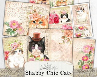 Shabby Chic Cats Rose Junk Journal Papers, Journal Supplies, Printable Scrapbook Ephemera, Rose Ephemera, Vintage Flower Pages, SC12
