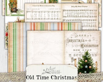 Op de afbeelding: Een digitale printbare junk journal kit met een kerstthema. De kit bevat afbeeldingen van cadeaus, een kerstboom, een vintage muziekvel en een bord met de tekst "Merry Christmas Cuddle Up".