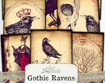 May include: A set of printable journaling cards featuring gothic ravens in various poses. The cards have a vintage aesthetic with distressed backgrounds and ornate details. The text "Gothic Ravens Journaling Cards" is printed on a banner at the bottom.