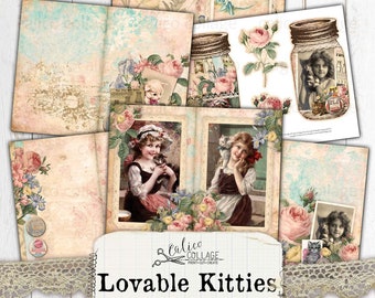 Cat Junk Journal Kit Ephemera Pack, Printable Lovable Kitties, Cat Ephemera, Vintage Kittens