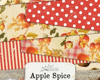 May include: A set of digital paper patterns featuring a vintage apple theme. The papers include red and white polka dots, red and white stripes, a plaid pattern, and a vintage illustration of apples with leaves and flowers. The papers are labeled "Apple Spice" and "pattern papers".