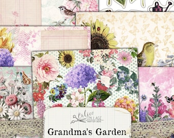 May include: A digital junk journal kit with a floral theme. The kit includes a variety of papers, embellishments, and images, all with a vintage aesthetic. The kit is titled "Grandma's Garden" and features a variety of flowers, butterflies, birds, and other garden-themed elements.