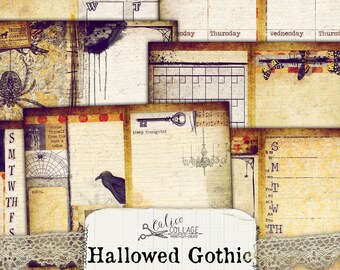 May include: A collection of vintage-style planner pages with a gothic theme. The pages feature butterflies, spiders, and other spooky elements. The text "Hallowed Gothic" and "Junk Journal Planner Kit" are visible. The color palette includes beige, brown, and orange.