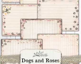 Dog Junk Journal Lined Journaling Pages, Journal Supplies, Dogs and Roses, Vintage Dog Ephemera, Junk Journal Kit, Rose Ledger Collage Sheet