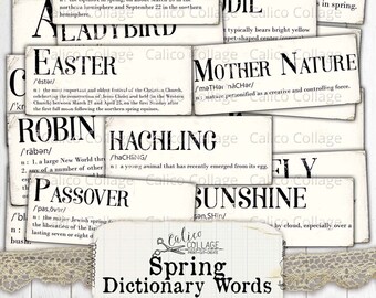 Spring Dictionary Definition Words, Junk Journal Supplies, Spring Ephemera Printable Ephemera Words, Scrapbook Digital Paper Prints