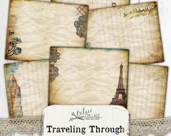 May include: Set of eight printable journaling pages with a vintage aesthetic. Each page features a different travel-themed image, including the Eiffel Tower, Big Ben, and Hollywood sign. The pages are lined with a grid pattern and have a distressed, aged look.