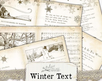 Printable Winter Book Pages, Junk Journal Papers, Journal Supplies, Digital Vintage Books, Sheet Music, Holiday Ephemera, CalicoCollage