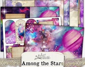 Printable Junk Journal Kit, Ephemera Digital Download Pack, Celestial Zodiac Digital Paper, Galaxy Star Papers, Among  the Stars