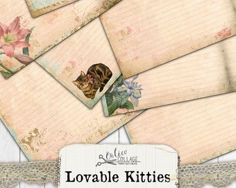 Puede incluir: Un conjunto de páginas de diario con líneas imprimibles que presentan ilustraciones vintage de gatos, flores y un niño. Las páginas tienen un aspecto desgastado y envejecido y son perfectas para llevar un diario, hacer scrapbooking u otros proyectos creativos. El texto de la imagen dice "Calico Collage Print-Cut-Create Lovable Kitties Lined Journal Pages".
