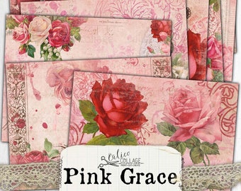 Zestaw do drukowania dziennika śmieci, artykuły do dziennika Pink Grace Valentines Day, cyfrowy papier do scrapbookingu, zabytkowe róże kwiatowe, kwiaty w stylu shabby chic