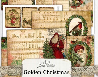 Printable Christmas Junk Journal Kit, Vintage Golden Christmas, Journal Pages, Holiday Ephemera, Christmas Ephemera, Digital Paper, Digital