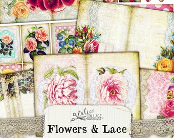Flowers and Lace Junk Journal Kit, Printable Ephemera Pack
