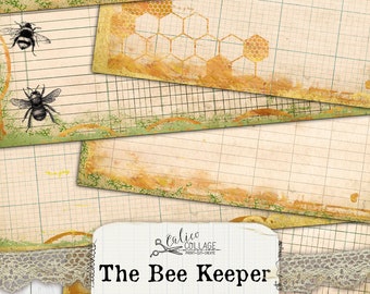 Bee Junk Journal Lined Journaling Pages, Junk Journal Kit, The Bee Keeper, Beehives, Flowers, Floral, Antique, Printable, Digital Paper