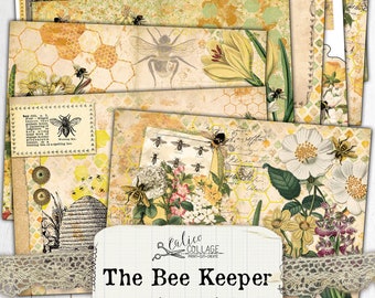 Puede incluir: Un kit de diario de chatarra digital imprimible con temática de abejas. El kit incluye imágenes de abejas, panales, flores y texto vintage. El título del kit es "The Bee Keeper".