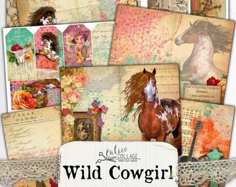 Cowgirl Junk Journal Kit, Printable Horse Ephemera Pack, Digital Western Bullet Journal, Country Journaling Supplies, Wild West, Roses