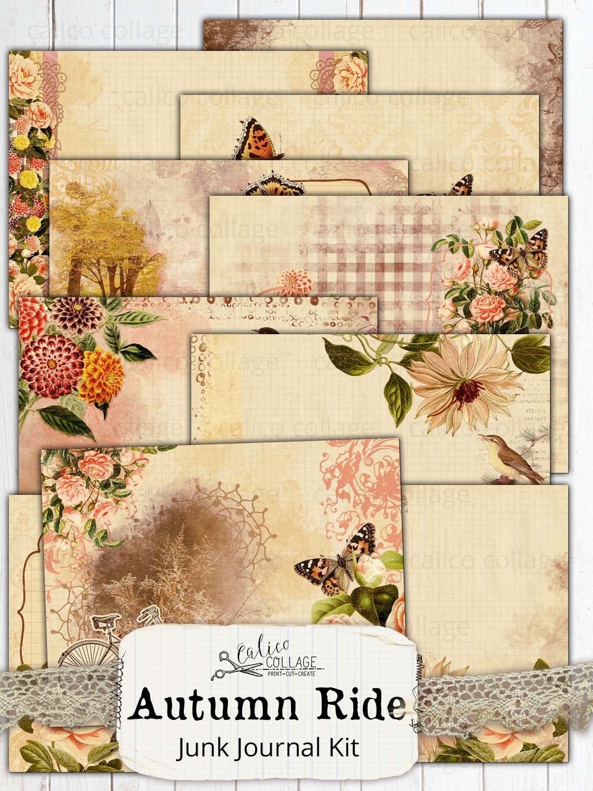 Printable Autumn Junk Journal Kit, Vintage Bicycle Ephemera Pack, Flowers, Butterflies, Fall, Leaves, Birds, Autumn Ride, CalicoCollage