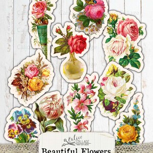 May include: A set of 10 digital collage sheets featuring vintage illustrations of various flowers, including roses, lilies, and pansies. The flowers are in various colours, including pink, yellow, red, and white. The images are perfect for crafting, scrapbooking, and digital design.