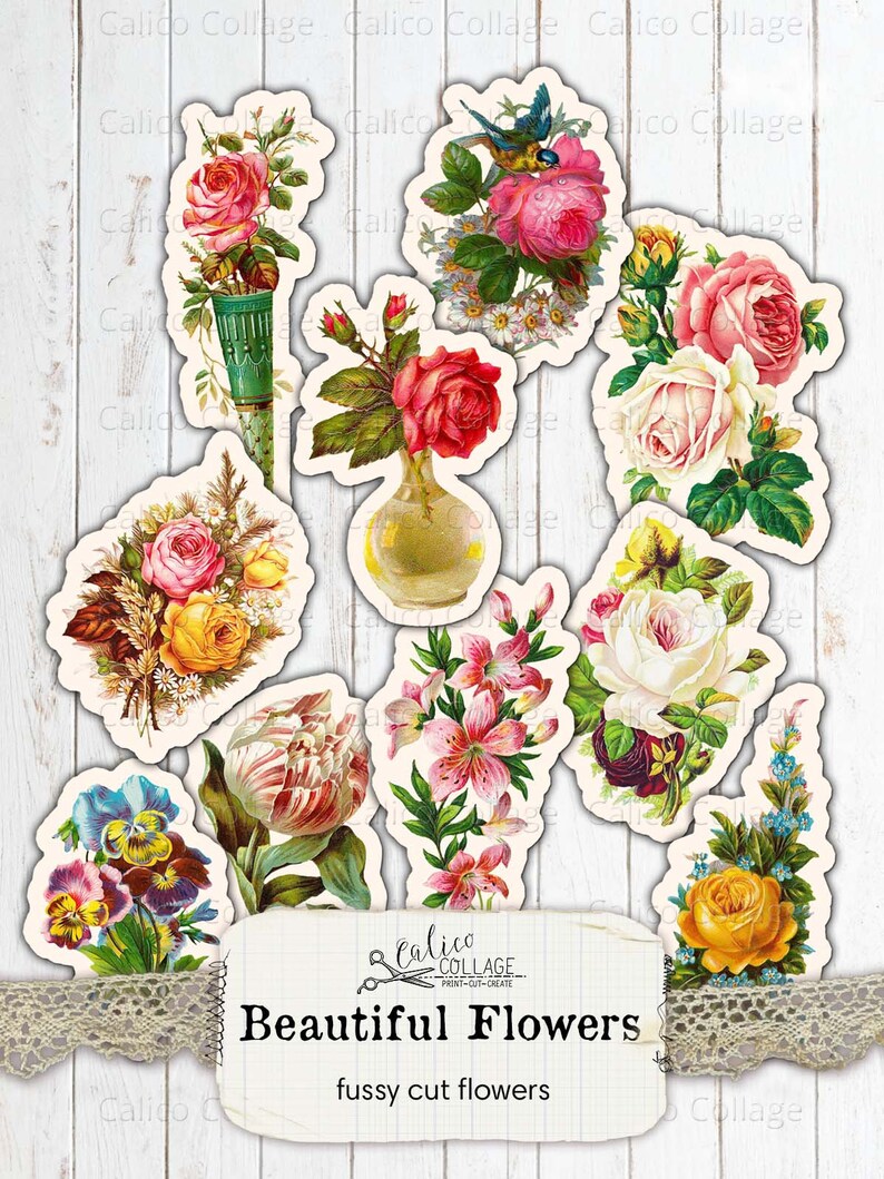May include: A set of 10 digital collage sheets featuring vintage illustrations of various flowers, including roses, lilies, and pansies. The flowers are in various colours, including pink, yellow, red, and white. The images are perfect for crafting, scrapbooking, and digital design.