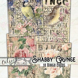 May include: Ten vintage-style bingo cards featuring floral and bird illustrations. The cards have a shabby chic aesthetic with a distressed background. The text "Shabby Grunge 10 Bingo Cards" is printed on the cards.