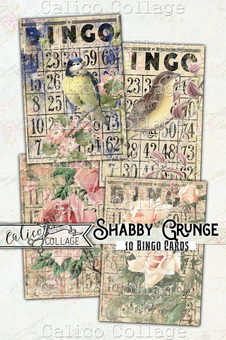 May include: Ten vintage-style bingo cards featuring floral and bird illustrations. The cards have a shabby chic aesthetic with a distressed background. The text "Shabby Grunge 10 Bingo Cards" is printed on the cards.