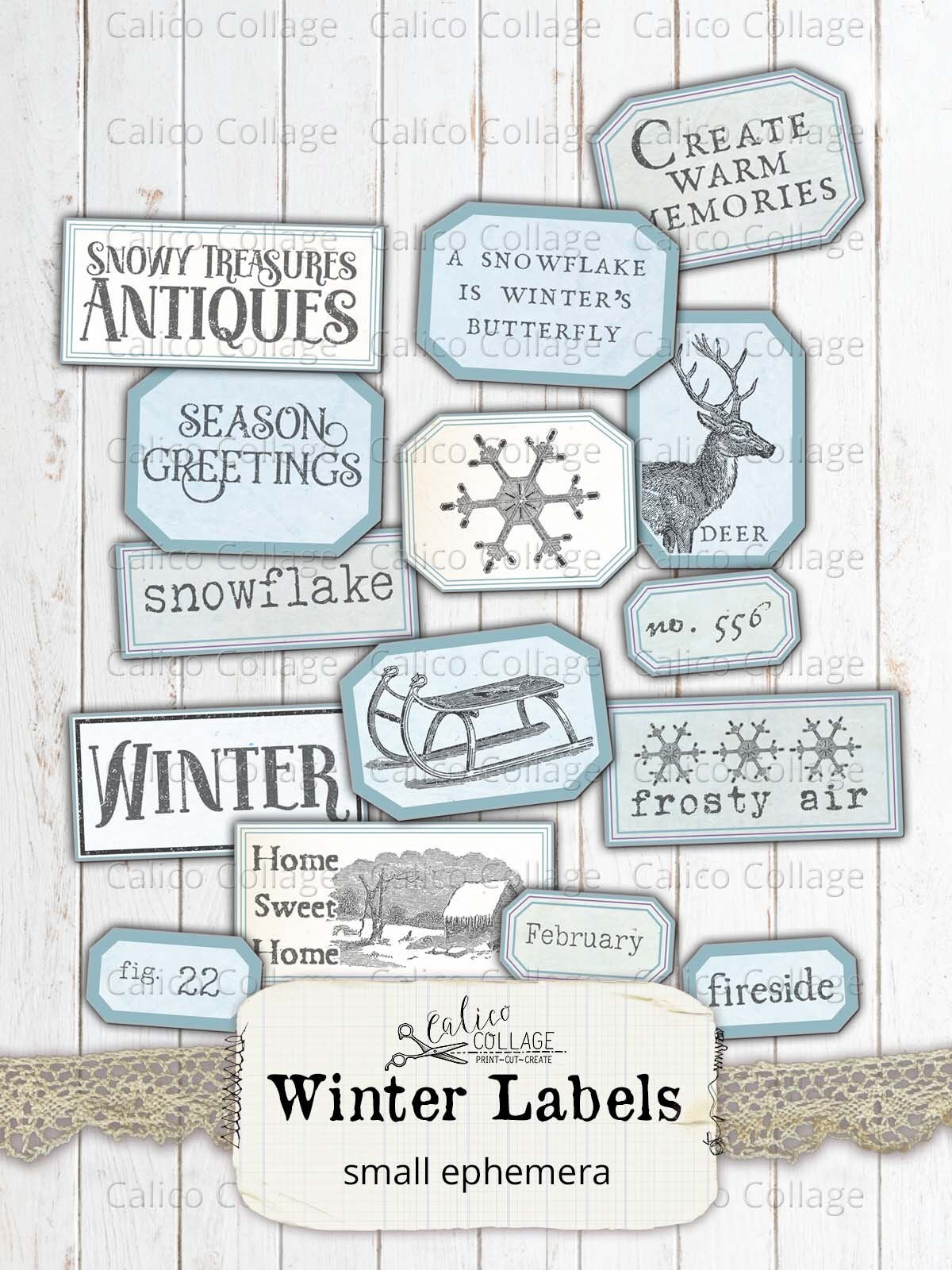 Small Winter Ephemera Labels, Printable Vintage Tags, Junk Journal ...