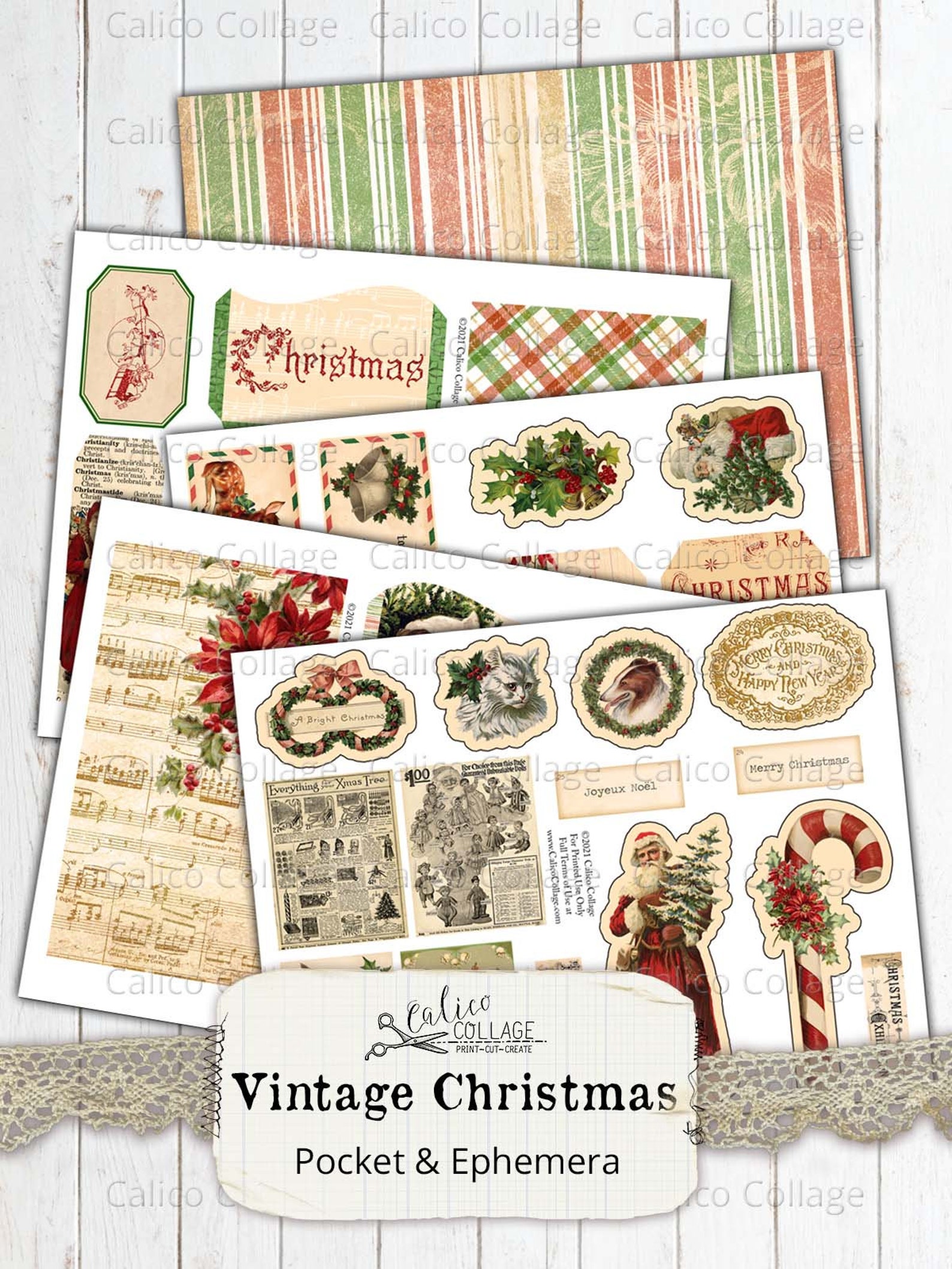 Printable Vintage Christmas Ephemera Pockets Golden Christmas | Etsy