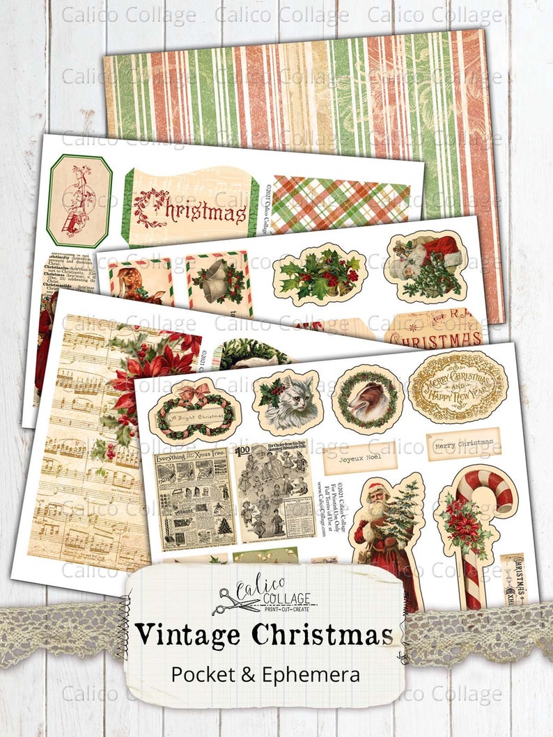 Printable Vintage Christmas Ephemera Pockets Golden Christmas - Etsy