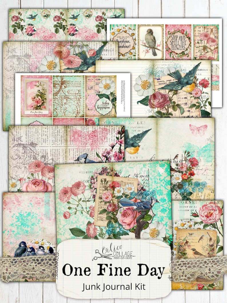 Spring Collage Sheets, Botanical, Junk Journal Kit, Pages, Papers, Ephemera, Vintage Bird, Scrapbook, Printable, Plants, Garden One Fine Day image 1