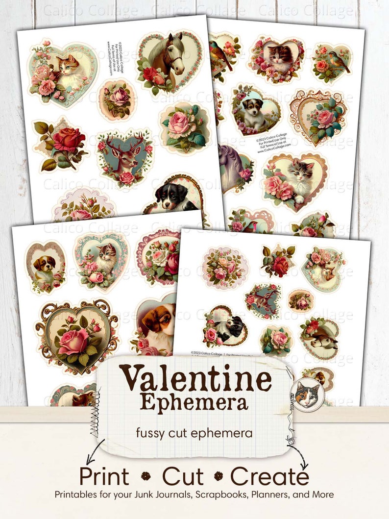 Valentine Ephemera Collage Sheet, Junk Journal Printable, Fussy Cut Ephemera, Vintage Valentines, Scrapbook Supplies, Journal Supplies image 3