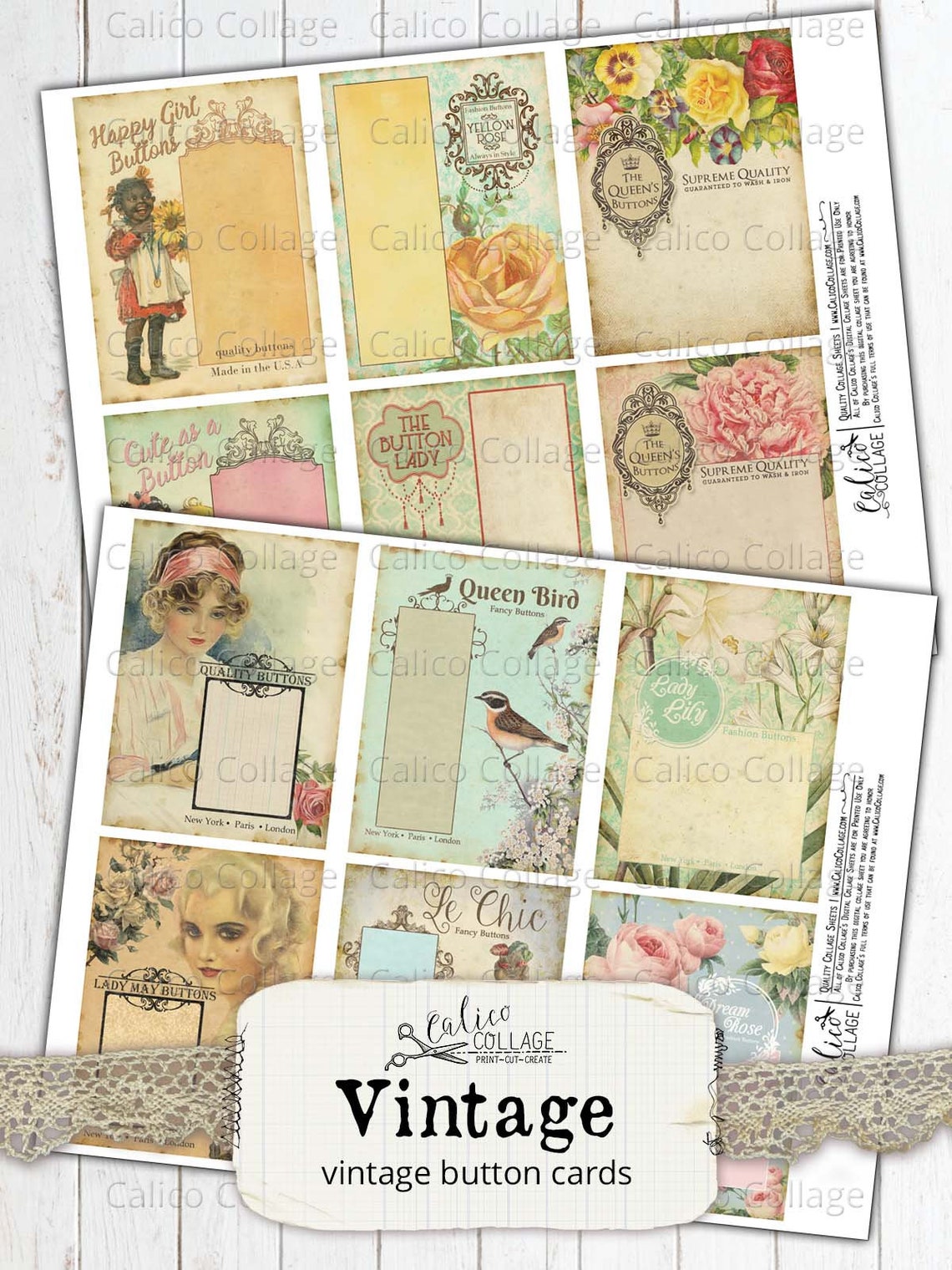 Printable Vintage Button Cards Sewing Ephemera Junk Journal - Etsy