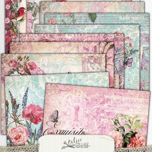 May include: A digital junk journal kit with a pink and blue color scheme. The kit features floral patterns, butterflies, and the text "Exquisite Dreamer".