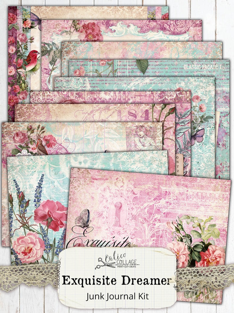 May include: A digital junk journal kit with a pink and blue color scheme. The kit features floral patterns, butterflies, and the text "Exquisite Dreamer".