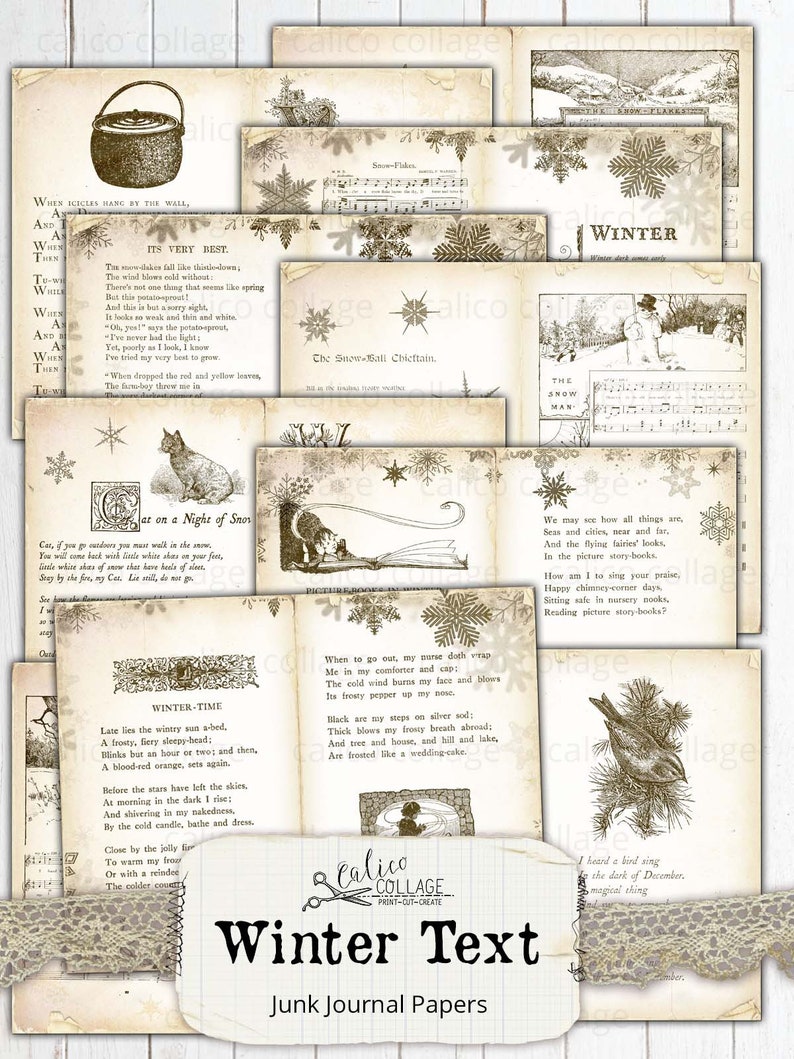 Printable Winter Book Pages, Junk Journal Papers, Journal Supplies, Digital Vintage Books, Sheet Music, Holiday Ephemera, CalicoCollage image 2