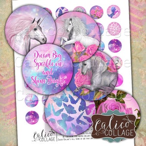 Unicorn Magic, Printable, Digital, Collage Sheet, 1inch Circles, Bottle Cap Images, Images for Jewelry, Unicorn Images, Printable Paper